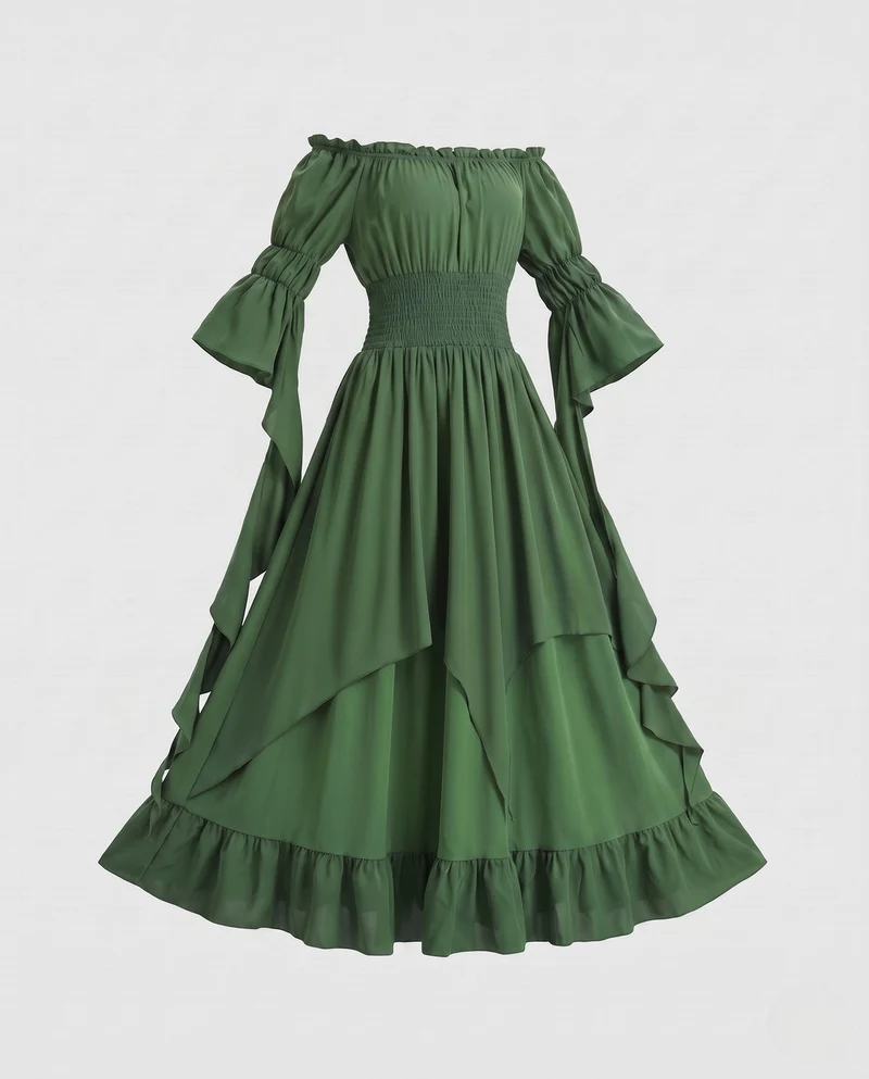 Damen Maxikleid mit schulterfreiem Design und langen, fließenden Ärmeln Nord Taschen