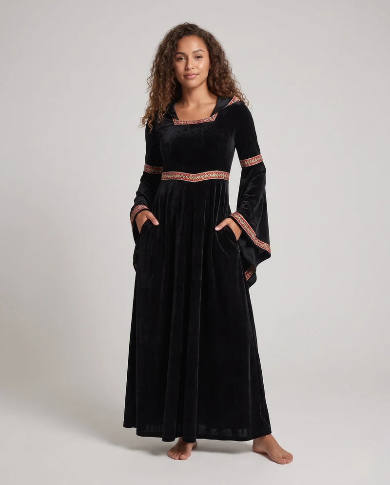 Damen Mittelalterliches Kostümkleid mit Kapuze und langen Ärmeln Nord Taschen