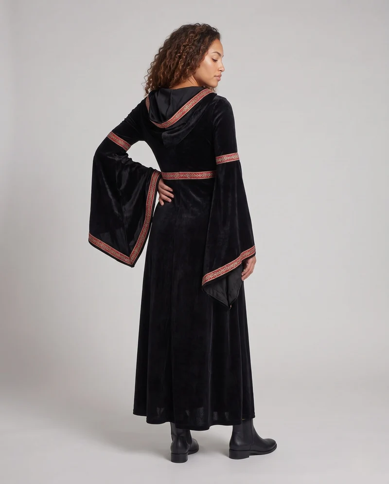 Damen Mittelalterliches Kostümkleid mit Kapuze und langen Ärmeln Nord Taschen