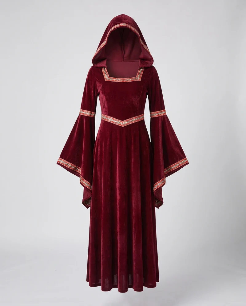 Damen Mittelalterliches Kostümkleid mit Kapuze und langen Ärmeln Nord Taschen