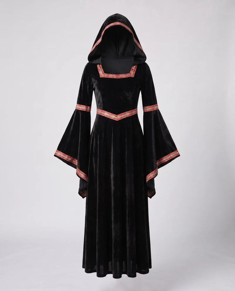 Damen Mittelalterliches Kostümkleid mit Kapuze und langen Ärmeln Nord Taschen
