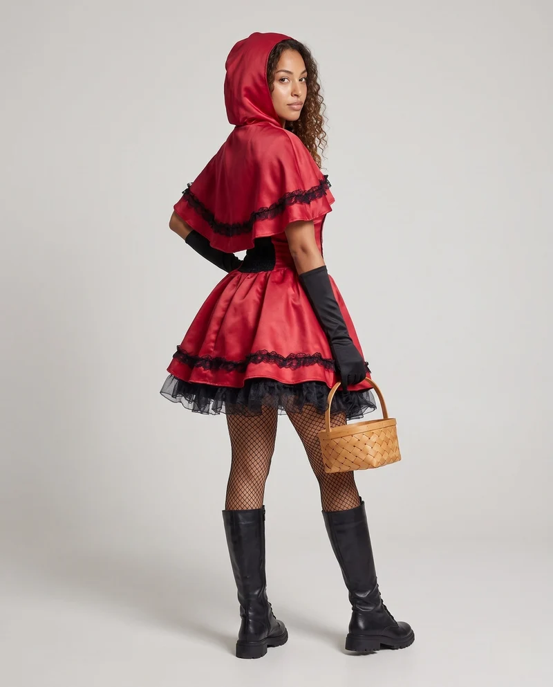 Damen Märchenhaftes Rotkäppchen Kostüm mit Kapuze und Rüschendetails Nord Taschen