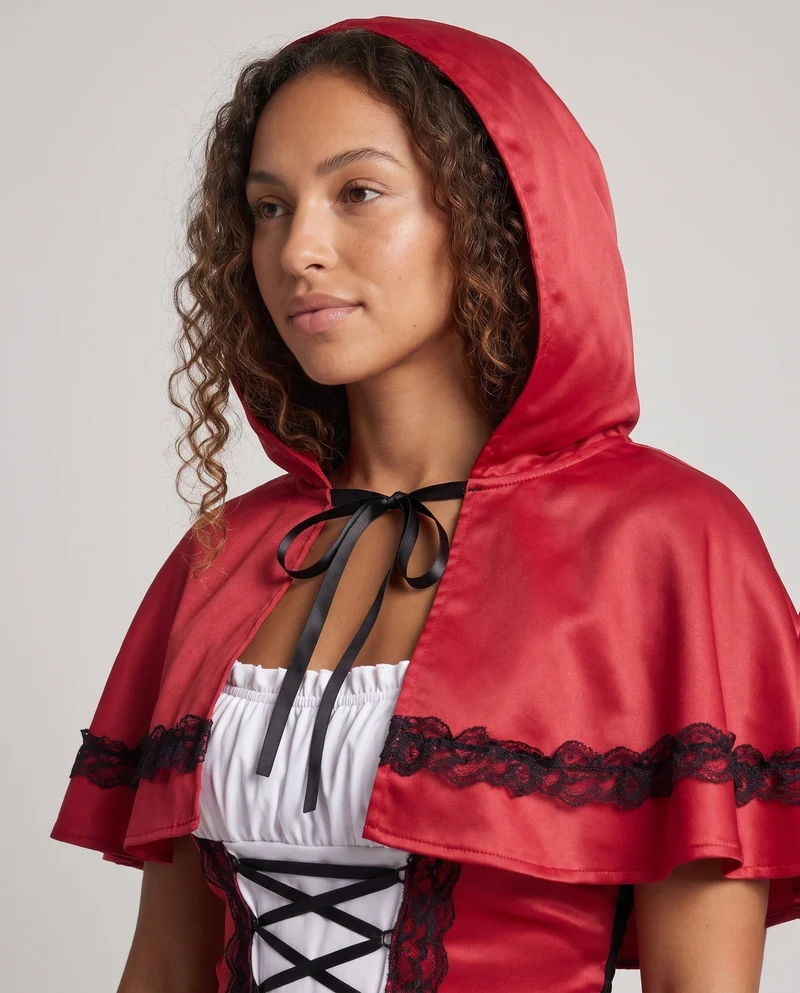 Damen Märchenhaftes Rotkäppchen Kostüm mit Kapuze und Rüschendetails Nord Taschen