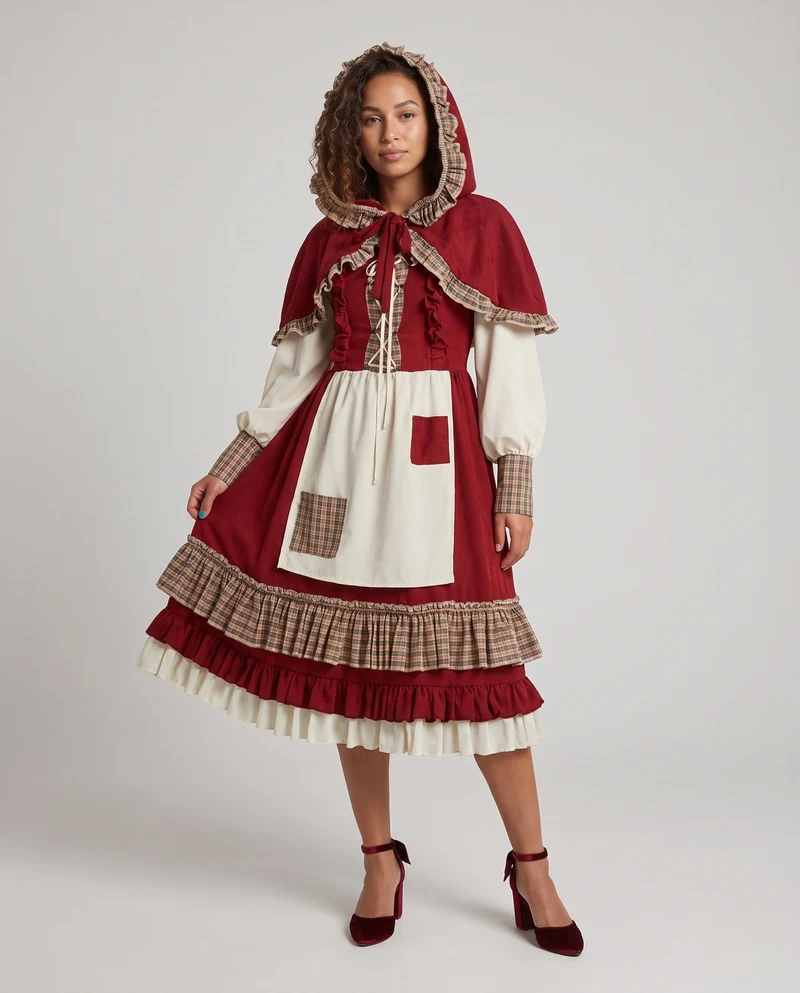 Damen Märchenhaftes Rotkäppchen Kostüm mit Kapuze und Rüschendetails Nord Taschen