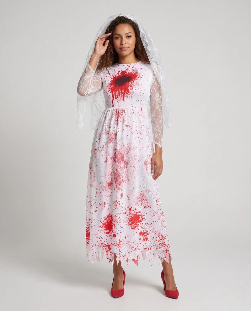 Damen Gruselige Hochzeitskleid mit Blutakzenten und transparentem Schleier Nord Taschen
