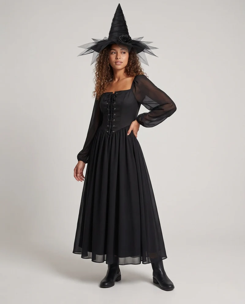 Damen Hexenkleid mit transparenten Ärmeln und elegantem Schnürdesign Nord Taschen