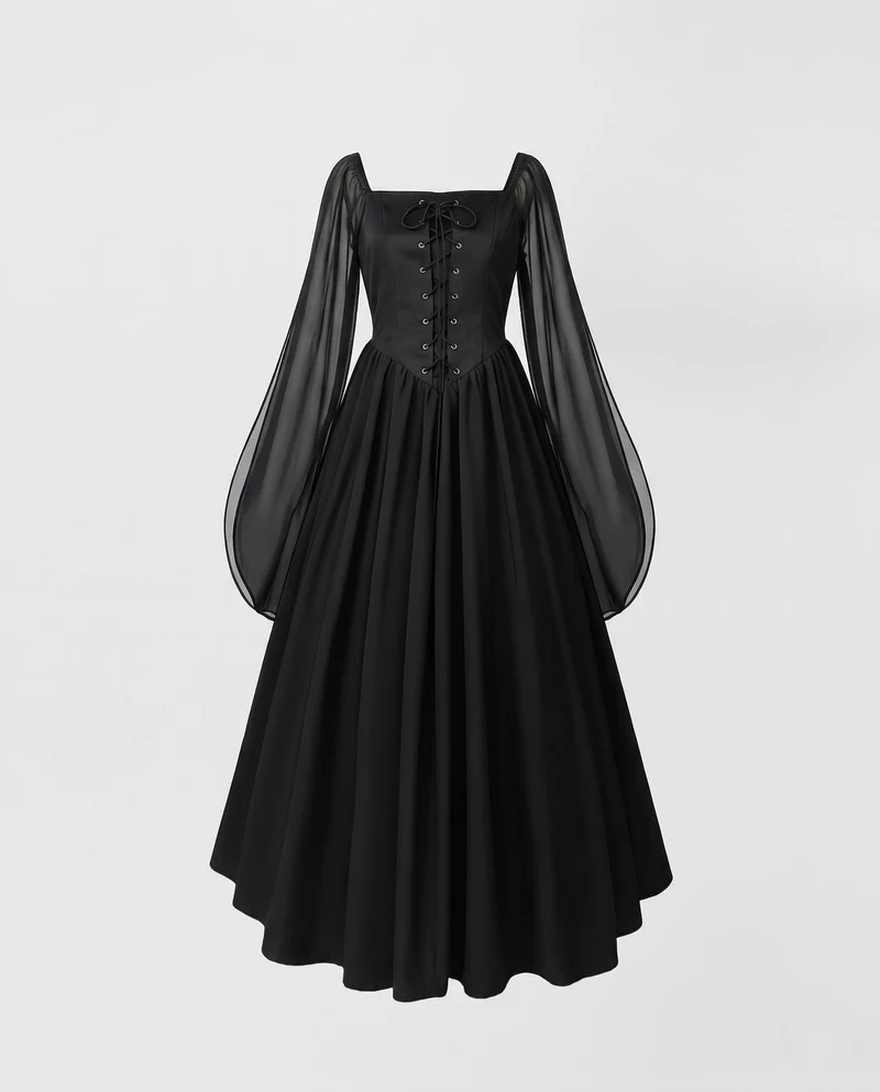 Damen Hexenkleid mit transparenten Ärmeln und elegantem Schnürdesign Nord Taschen