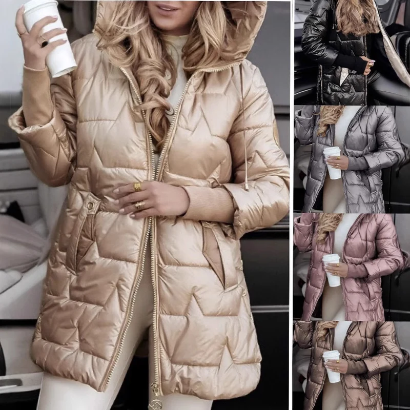 Damen Steppmantel Mid-Length mit Kapuze, wattierter Thermofüllung und taillierter Silhouette Nord Taschen