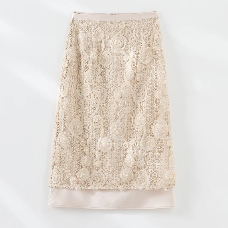 Damen Spitzen-Midirock mit floraler Häkelspitze und blickdichtem Futter Nord Taschen