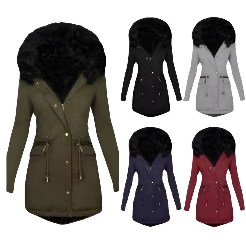 Damen Slim-Fit Thermo-Parka mit voluminöser Kunstfellkapuze und Tunnelzug Nord Taschen