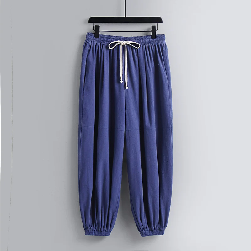 Damen weite Baumwoll-Leinen-Freizeithose mit Kordelzug und elastischen Knöchelbündchen Nord Taschen