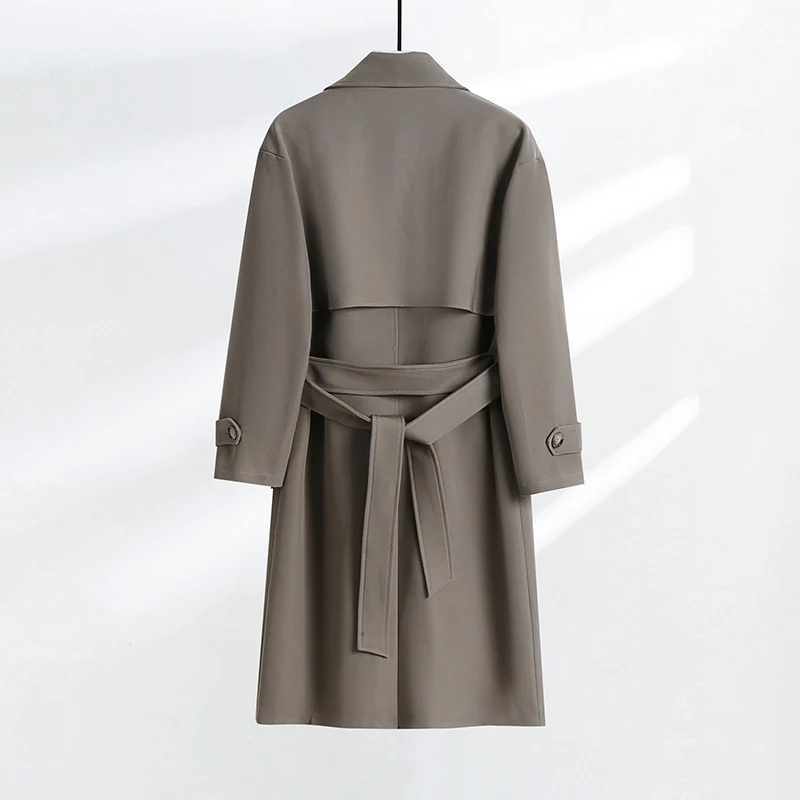 Damen taillierter Doppelreiher-Trenchcoat mit Bindegürtel und Schalkragen Nord Taschen