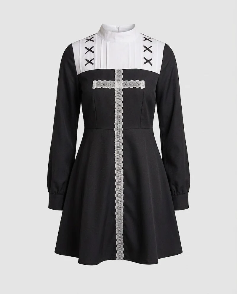 Damen Nonnenkleid mit eleganter Spitzenverzierung und Schleier Nord Taschen
