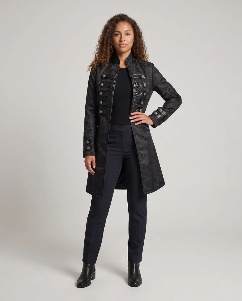 Damen historischer Brokatmantel mit eleganten Details und dekorativen Knöpfen Nord Taschen