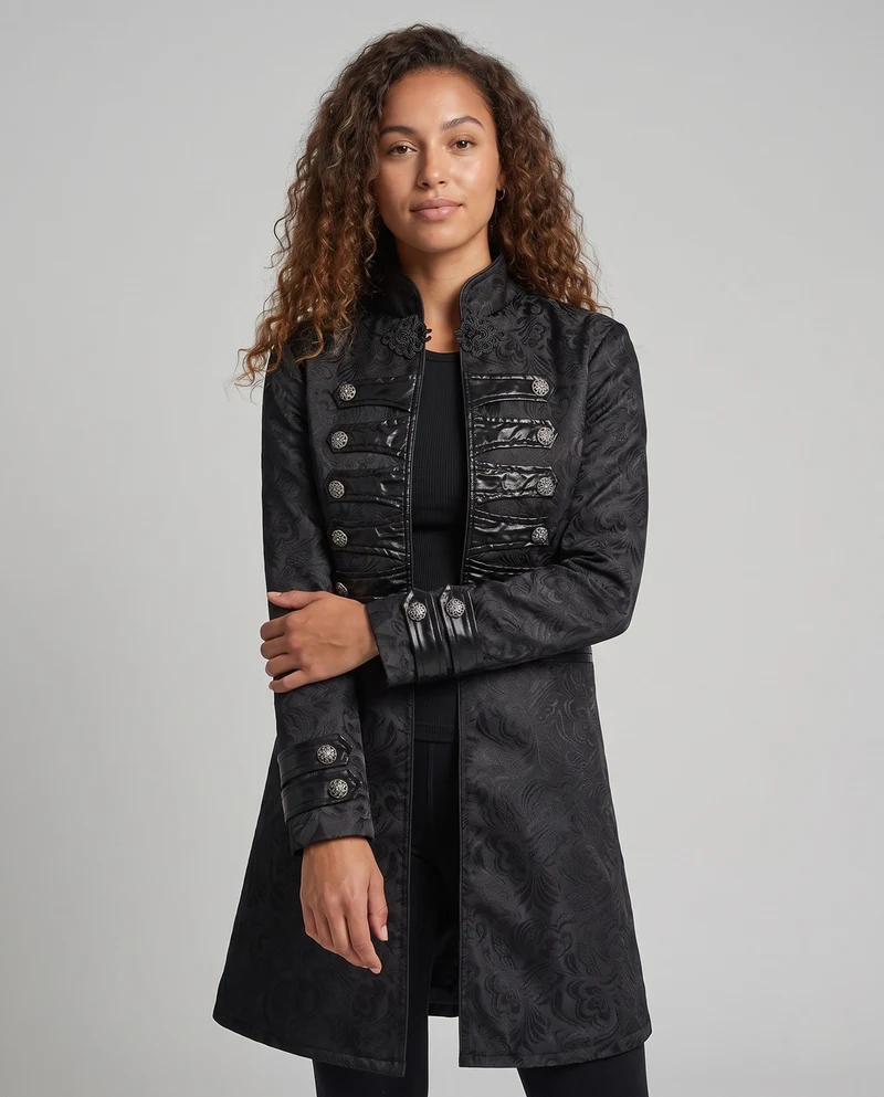 Damen historischer Brokatmantel mit eleganten Details und dekorativen Knöpfen Nord Taschen