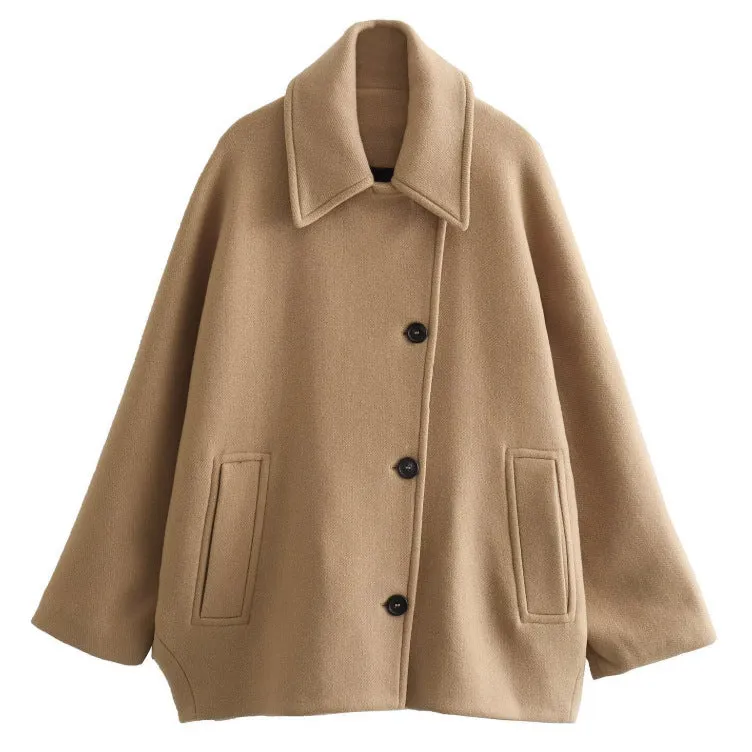 Damen Oversized Wollmix Boxy-Kurzmantel mit Reverskragen und Eingrifftaschen Nord Taschen