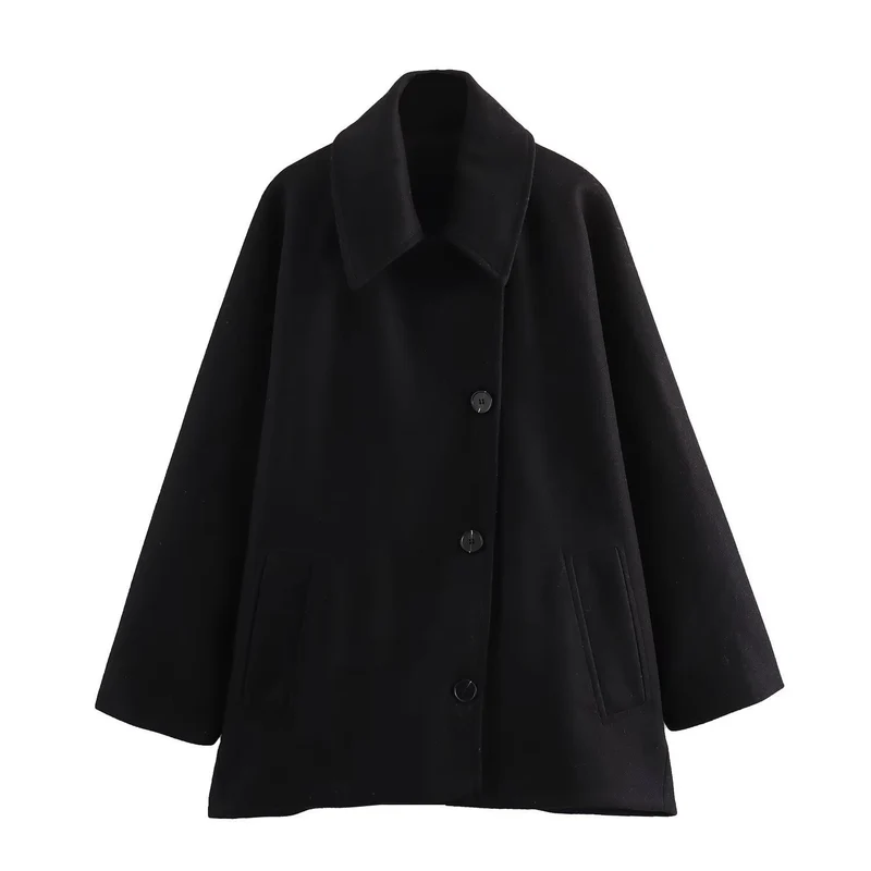 Damen Oversized Wollmix Boxy-Kurzmantel mit Reverskragen und Eingrifftaschen Nord Taschen