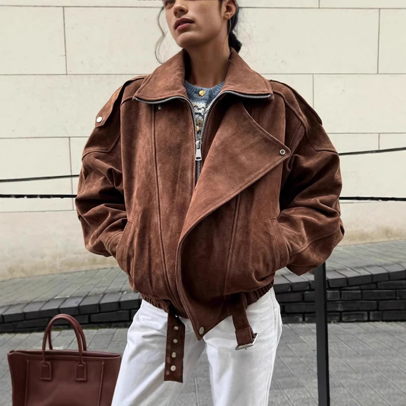 Damen Oversized Veloursleder-Bomberjacke mit Taillengürtel und Schalkragen Nord Taschen