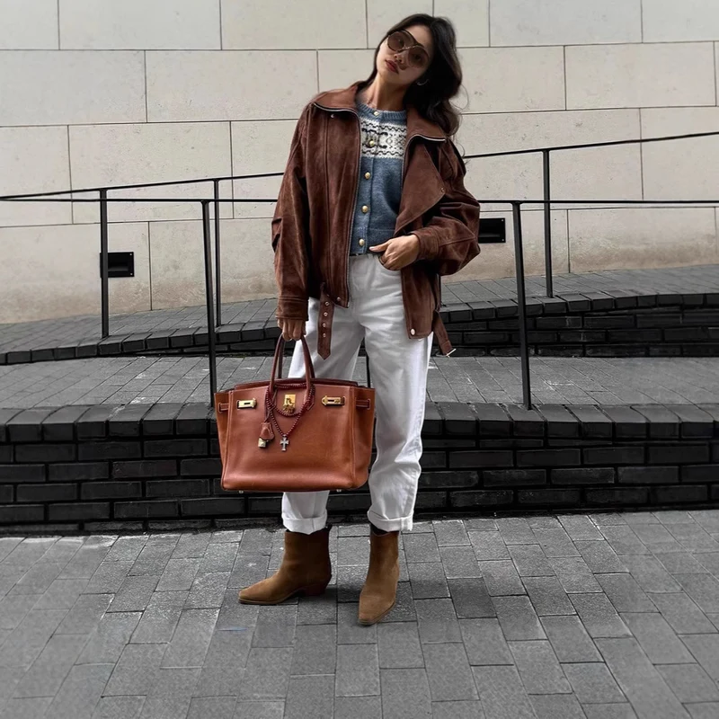 Damen Oversized Veloursleder-Bomberjacke mit Taillengürtel und Schalkragen Nord Taschen
