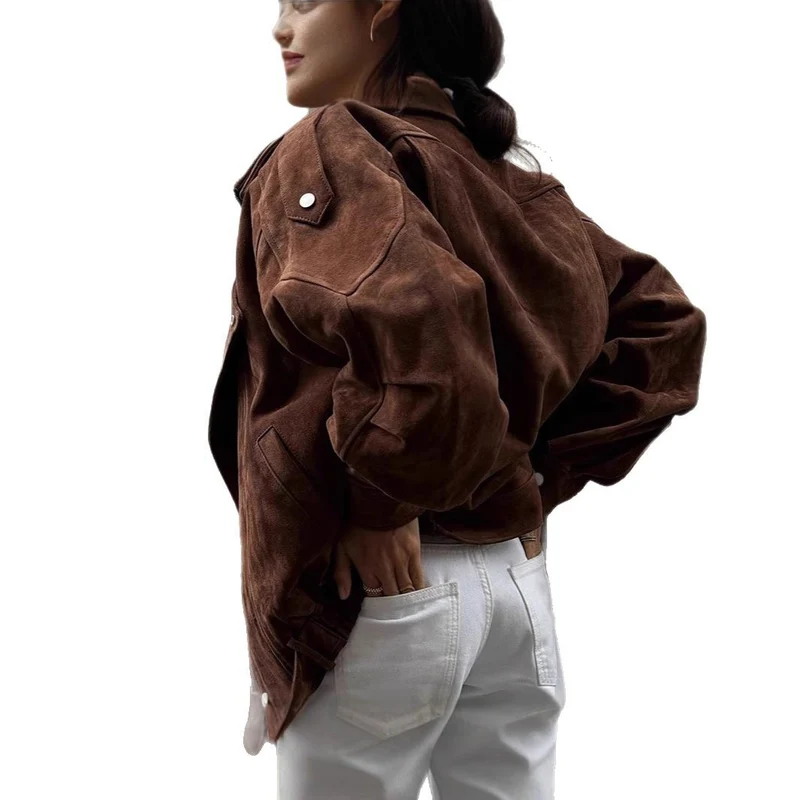 Damen Oversized Veloursleder-Bomberjacke mit Taillengürtel und Schalkragen Nord Taschen