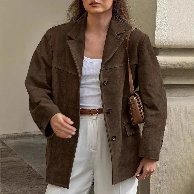 Damen Oversize Wildleder‑Blazer mit Reverskragen und Pattentaschen Nord Taschen