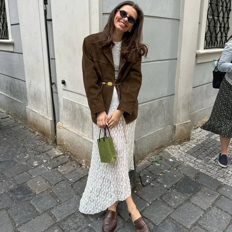 Damen Oversize Wildleder‑Blazer mit Reverskragen und Pattentaschen Nord Taschen