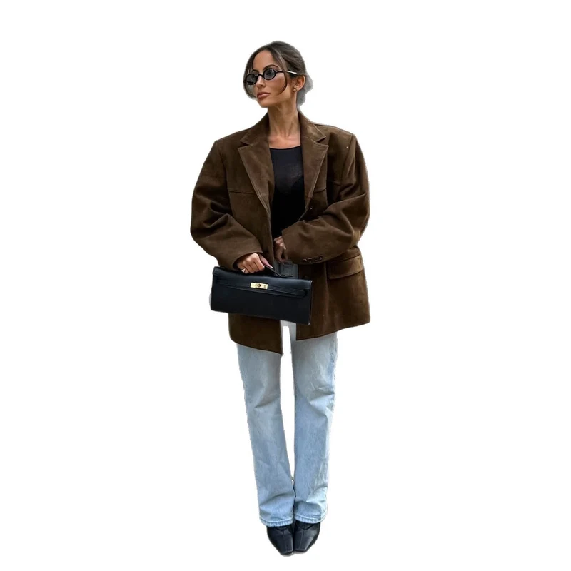 Damen Oversize Wildleder‑Blazer mit Reverskragen und Pattentaschen Nord Taschen