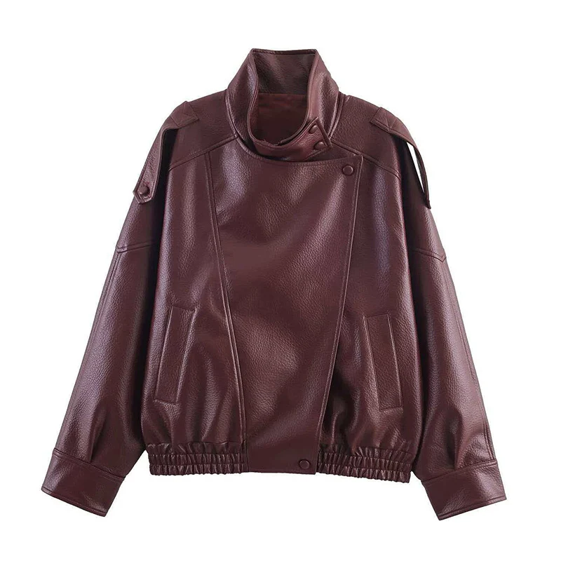 Damen Oversize Bikerjacke aus Kunstleder mit Stehkragen und Schulterklappen Nord Taschen