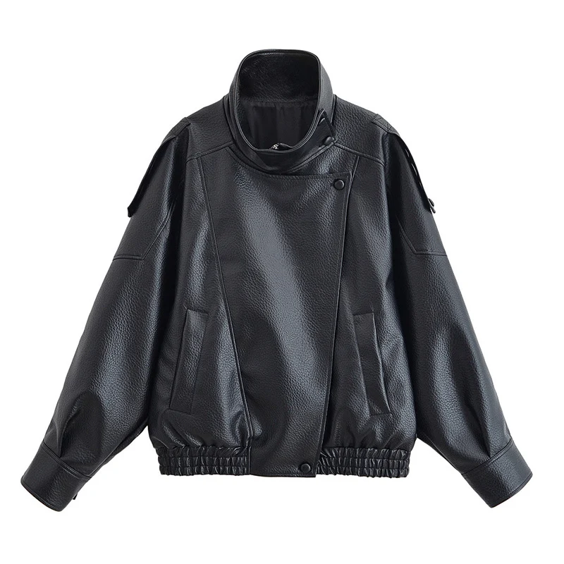 Damen Oversize Bikerjacke aus Kunstleder mit Stehkragen und Schulterklappen Nord Taschen