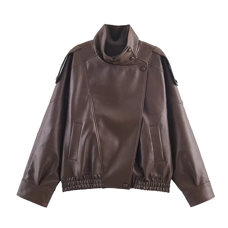 Damen Oversize Bikerjacke aus Kunstleder mit Stehkragen und Schulterklappen Nord Taschen