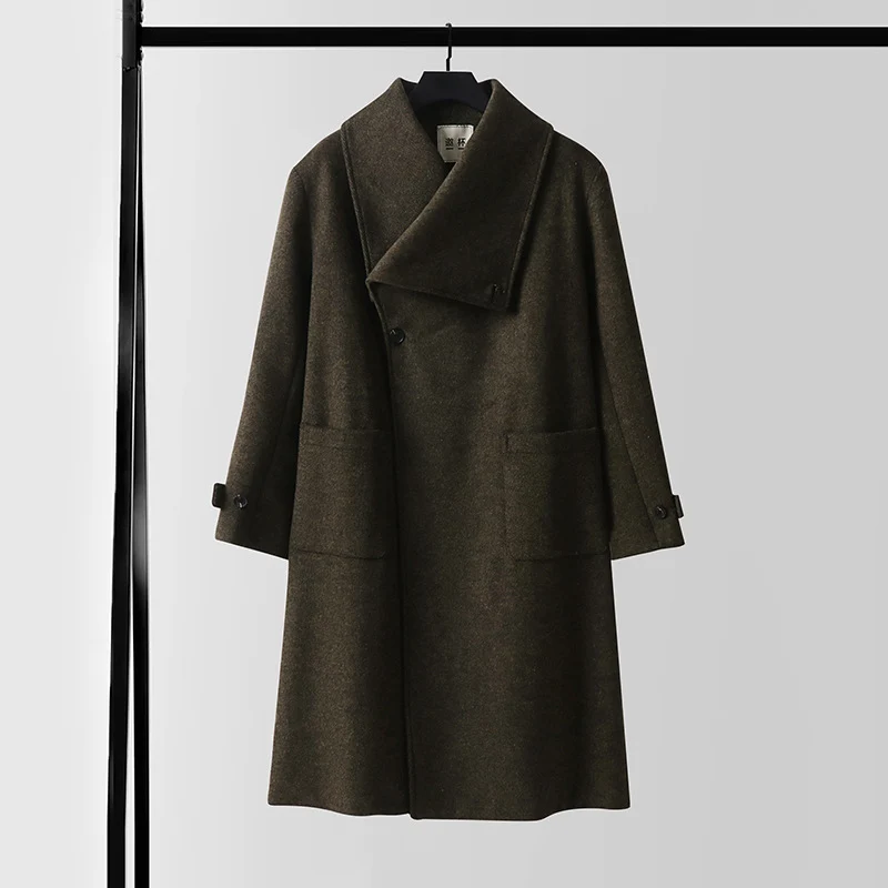 Damen Maxilanger Wollmix‑Mantel mit übergroßem Schalkragen und aufgesetzten Taschen Nord Taschen