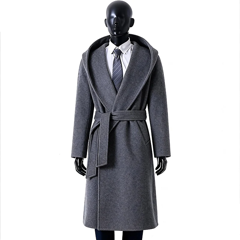 Damen Maxilanger Kapuzenmantel aus Wollmix mit Bindegürtel und weichem Innenfutter Nord Taschen