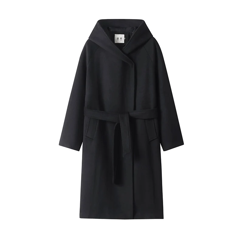 Damen Maxi-Mantel mit überzogener Kapuze, Bindegürtel und minimalistischer Wollmix‑Silhouette Nord Taschen
