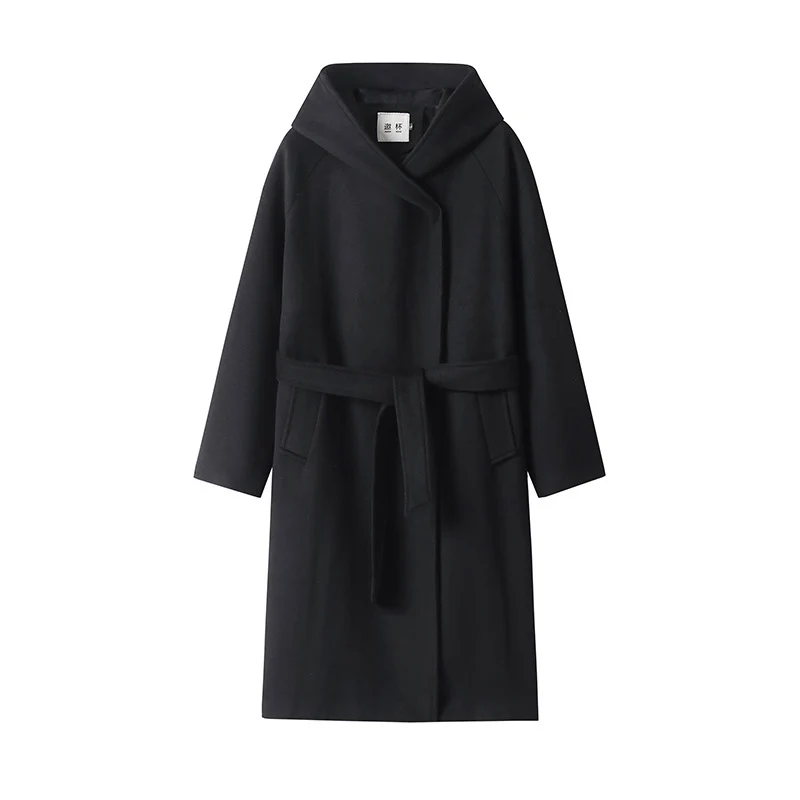 Damen Maxi-Mantel mit überzogener Kapuze, Bindegürtel und minimalistischer Wollmix‑Silhouette Nord Taschen
