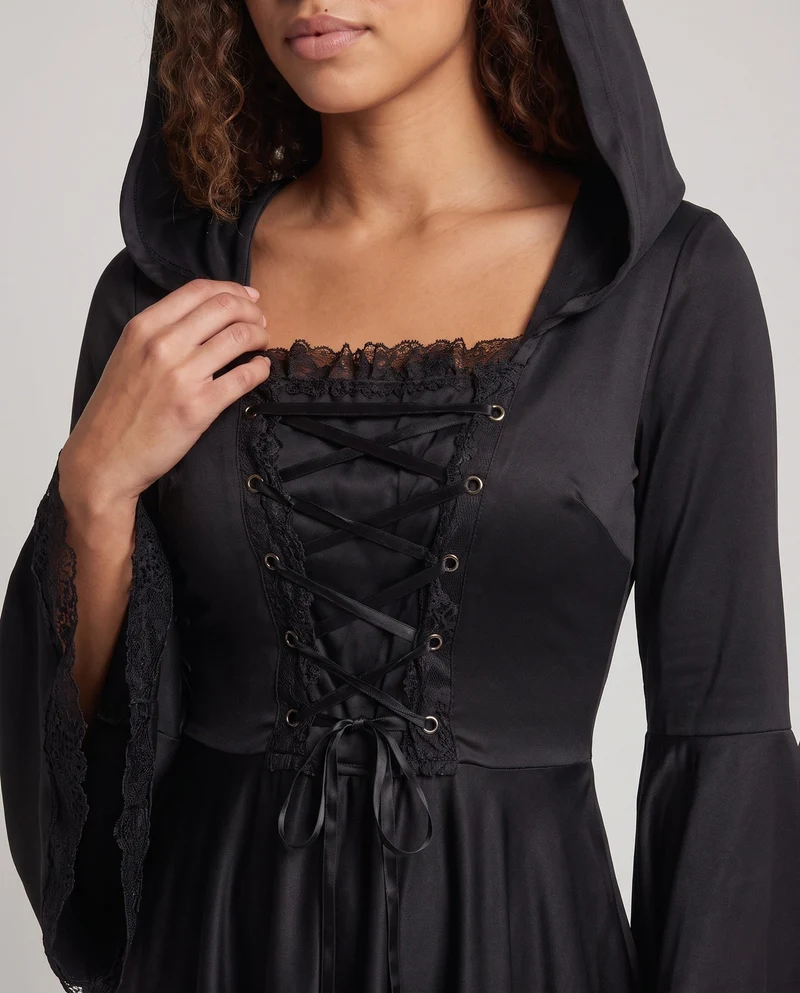 Damen Kapuzenkleid mit weitem Ärmel und Schnürung Nord Taschen