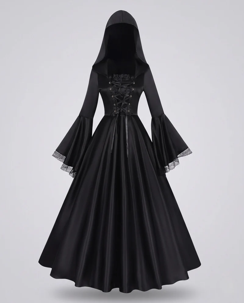 Damen Kapuzenkleid mit weitem Ärmel und Schnürung Nord Taschen