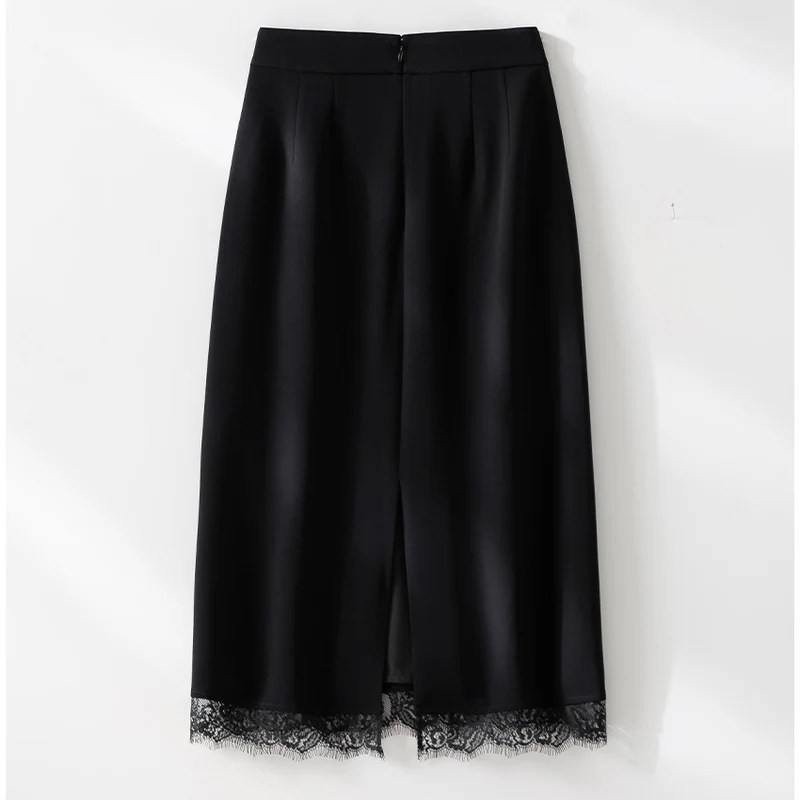 Damen Midirock aus Satin mit Spitzenbesatz und Seitentaschen Nord Taschen