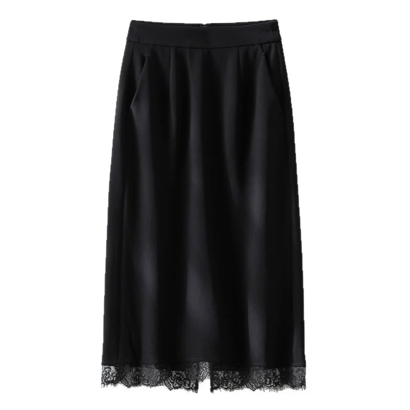 Damen Midirock aus Satin mit Spitzenbesatz und Seitentaschen Nord Taschen