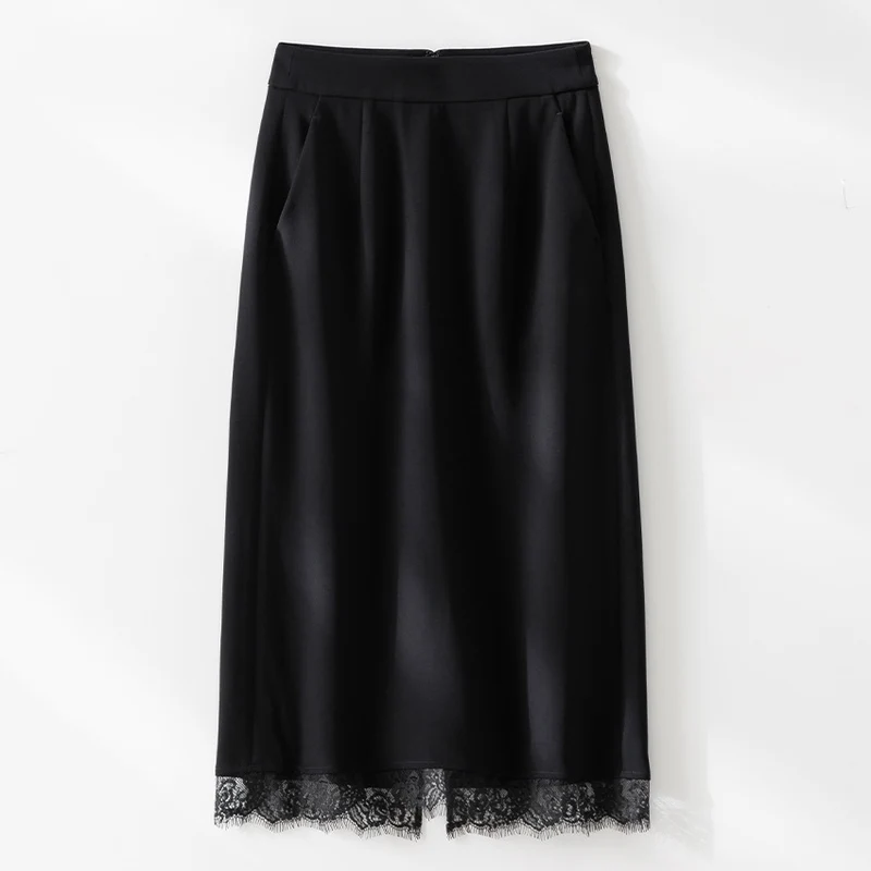 Damen Midirock aus Satin mit Spitzenbesatz und Seitentaschen Nord Taschen