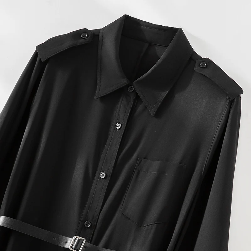 Damen Maxikleid als Hemdkleid mit Taillengürtel und Epauletten Nord Taschen