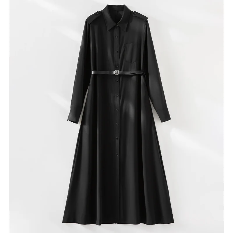 Damen Maxikleid als Hemdkleid mit Taillengürtel und Epauletten Nord Taschen