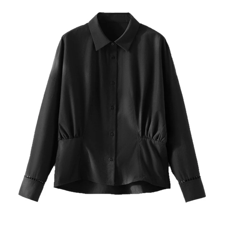 Damen Locker geschnittene Baumwollbluse mit Raffdetails und Hemdblusenkragen Nord Taschen