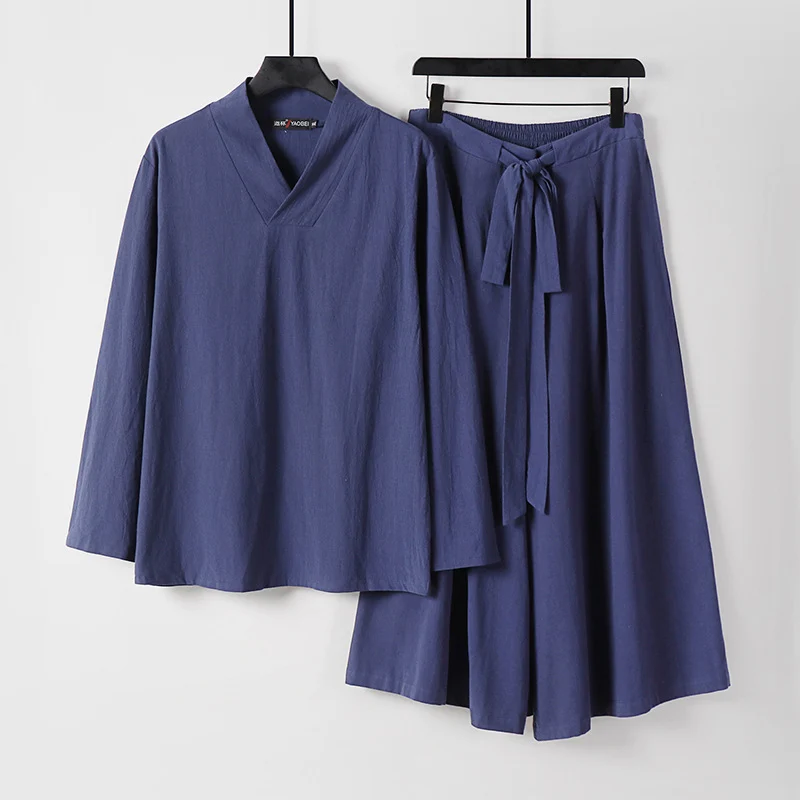 Damen Leichtes Leinen-Baumwoll Loungewear-Set mit V-Ausschnitt, weitem Midirock und Bindegürtel Nord Taschen