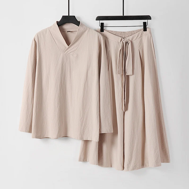 Damen Leichtes Leinen-Baumwoll Loungewear-Set mit V-Ausschnitt, weitem Midirock und Bindegürtel Nord Taschen