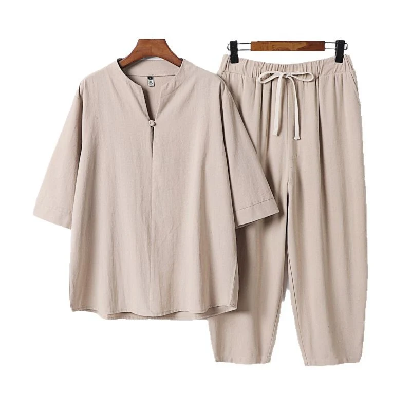 Damen Leichtes Leinen-Baumwoll-Loungewear-Set mit Stehkragen, Dreiviertelärmeln und Gummizugbundhose Nord Taschen