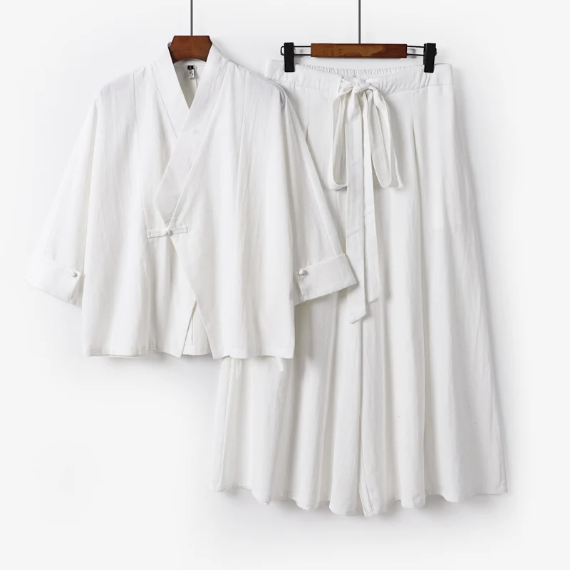 Damen Leichtes Kimono-Loungewear-Set mit V-Ausschnitt dreiviertelärmeln und weiten Palazzo-Hosen Nord Taschen