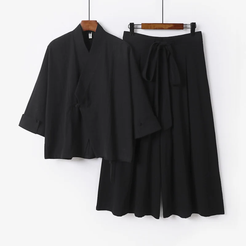 Damen Leichtes Kimono-Loungewear-Set mit V-Ausschnitt dreiviertelärmeln und weiten Palazzo-Hosen Nord Taschen