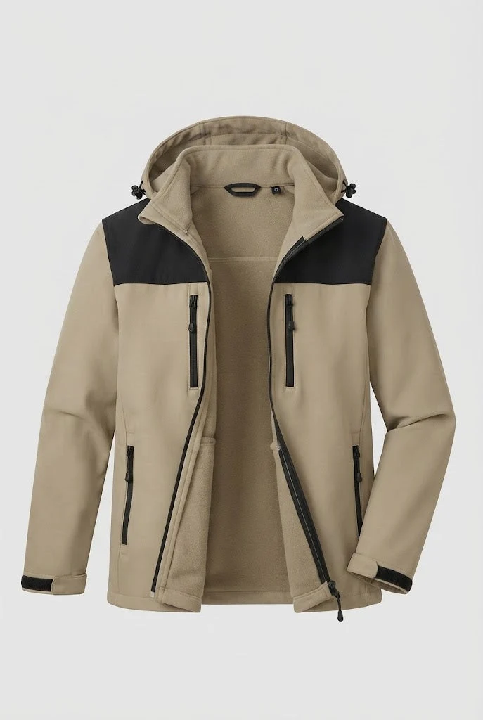 Herren Zwei-Lagen Softshell Outdoor-Jacke mit herausnehmbarer Fleece-Innenjacke und Kapuze Nord Taschen