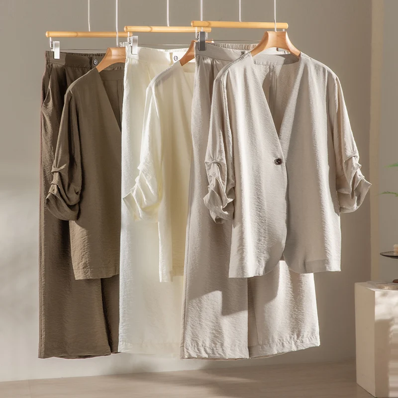 Damen Leichter Oversize-Blazer mit tiefem V-Ausschnitt und gekräuselten Ärmeln Nord Taschen