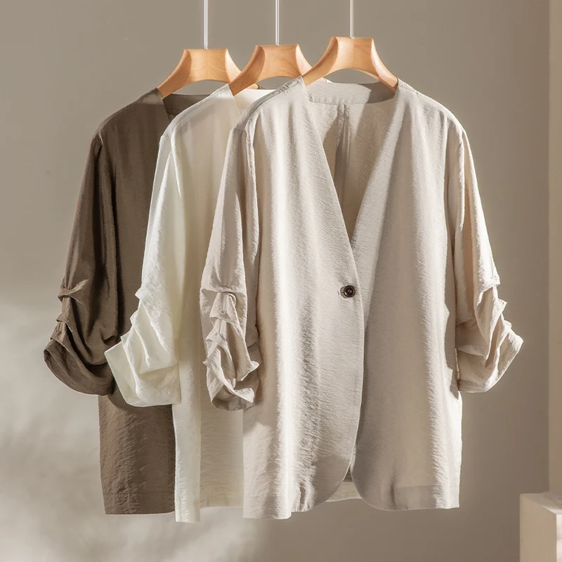 Damen Leichter Oversize-Blazer mit tiefem V-Ausschnitt und gekräuselten Ärmeln Nord Taschen